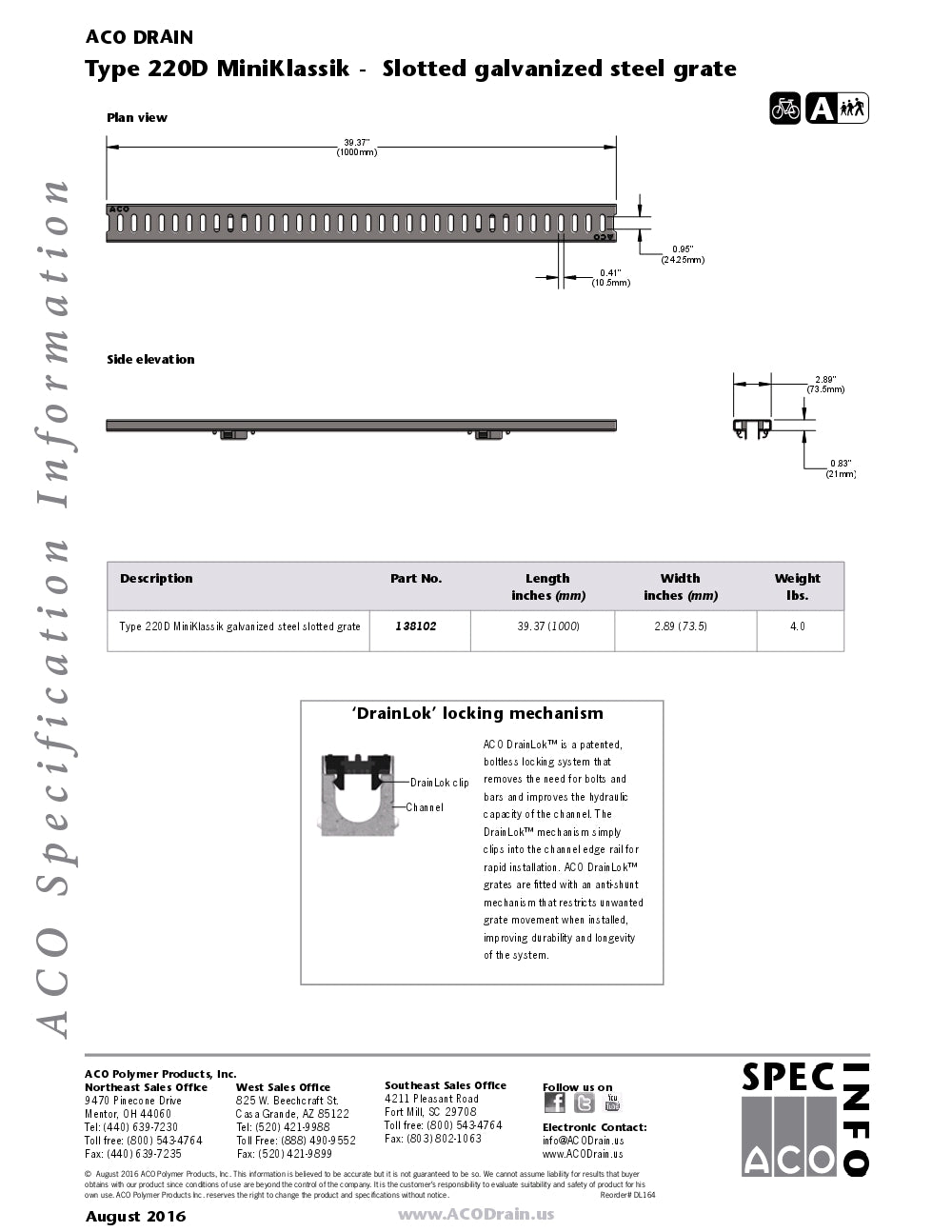 Trinchera - Rejilla Prefabricada de 2" Modelo Miniklassik Slotted Galvanized steel, Marca Aco México, Distribuidor autorizado, Proveedor autorizado, Quima, 220D K50, Hoja tecnica, Ficha tecnica, Hoja seguridad