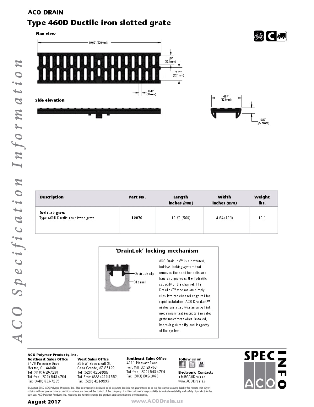 Trinchera - Rejilla Prefabricada de 4" Modelo Hierro Dúctil Ranurado, Marca Aco México, Quima, 460d, Distribuidor autorizado, Proveedor autorizado, Hoja tecnica, Ficha tecnica, Hoja seguridad