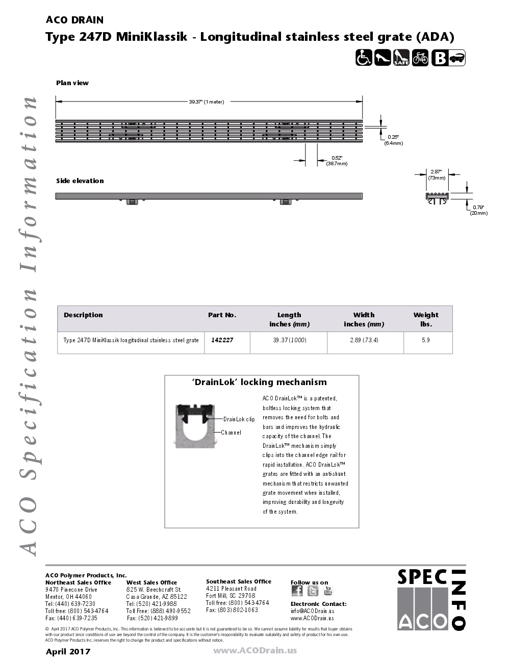 Trinchera - Rejilla Prefabricada de 2" Modelo MiniKlassik Longitudinal Stainless Steel, Marco Aco México, Quima, 247D K50, Distribuidor autorizado, Proveedor autorizado, Hoja tecnica, Ficha tecnica, Hoja seguridad 