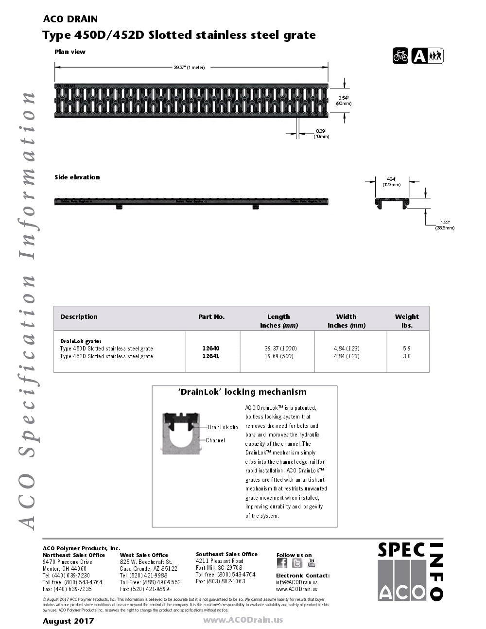 Trinchera - Rejilla Prefabricada de 4" Modelo Acero Inoxidable Ranurado, Marca Aco México, Quima, 450D-452D, Distribuidor autorizado, Proveedor autorizado, Hoja tecnica, Hoja seguridad, Ficha tecnica