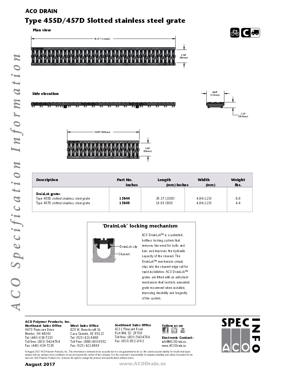 Trinchera - Rejilla Prefabricada de 4" Modelo Acero Inoxidable Ranurado, Marca Aco Mexico, Quima, 455D-457D, Distribuidor autorizado, Proveedor autorizado, Hoja tecnica, Ficha tecnica, Hoja seguridad