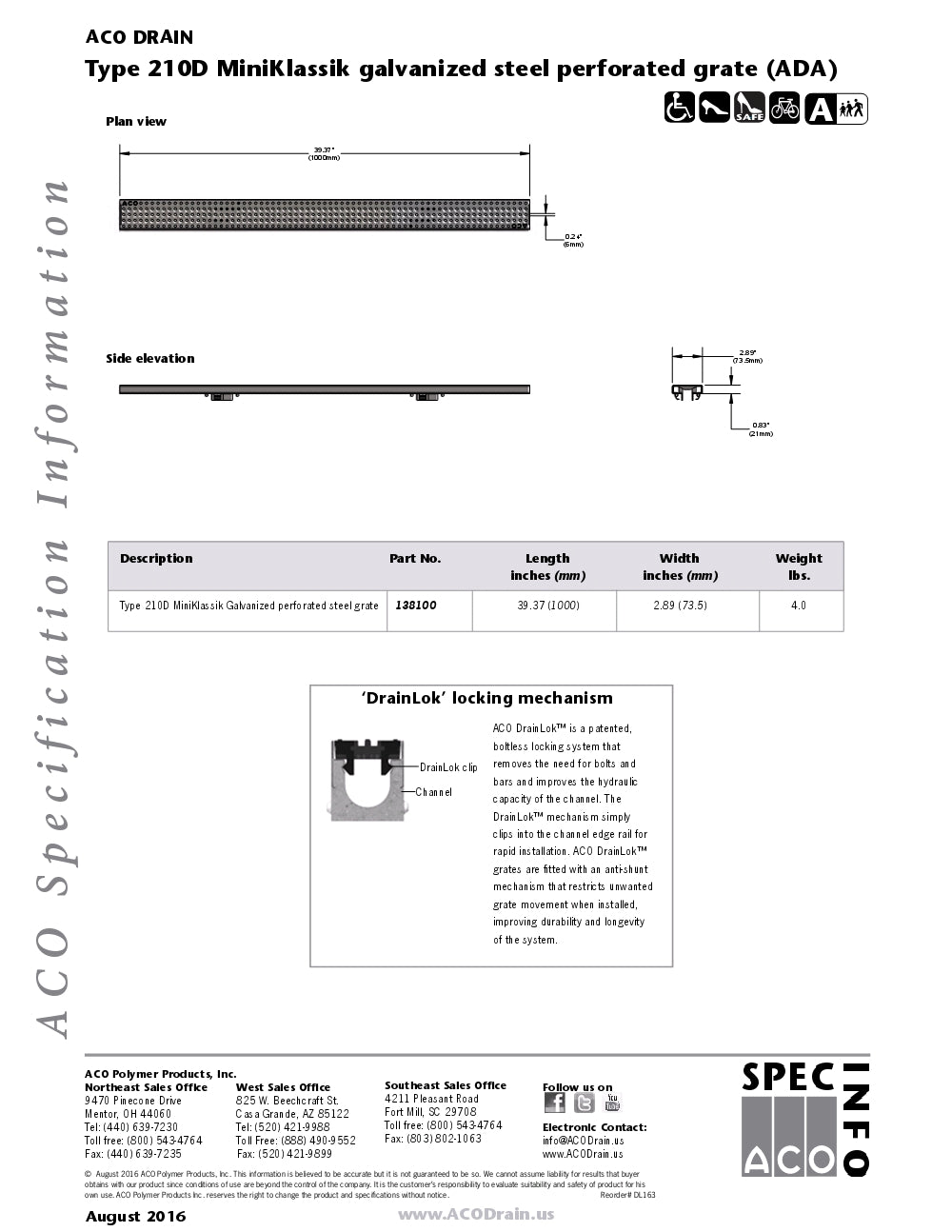 Trinchera Fabricada de 2" Modelo Miniklassik Galvanized Steel Perforated, Marca Aco Mexico, Quima, 210D, Proveedor autorizado, Distribuidor autorizado, Hoja tecnica, Ficha tecnica, Hoja seguridad