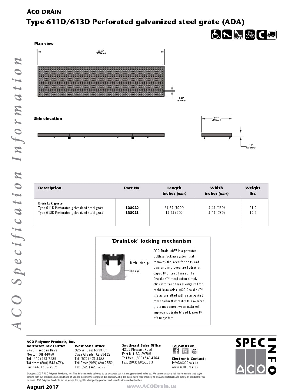 Trinchera Prefabricada de 8" Modelo Acero Galvanizado Perforado, Marca ACO México, Quima, 611d-613d, Distribuidor autorizado, Proveedor autorizado. Hoja tecnica, Ficha tecnica, Hoja seguridad