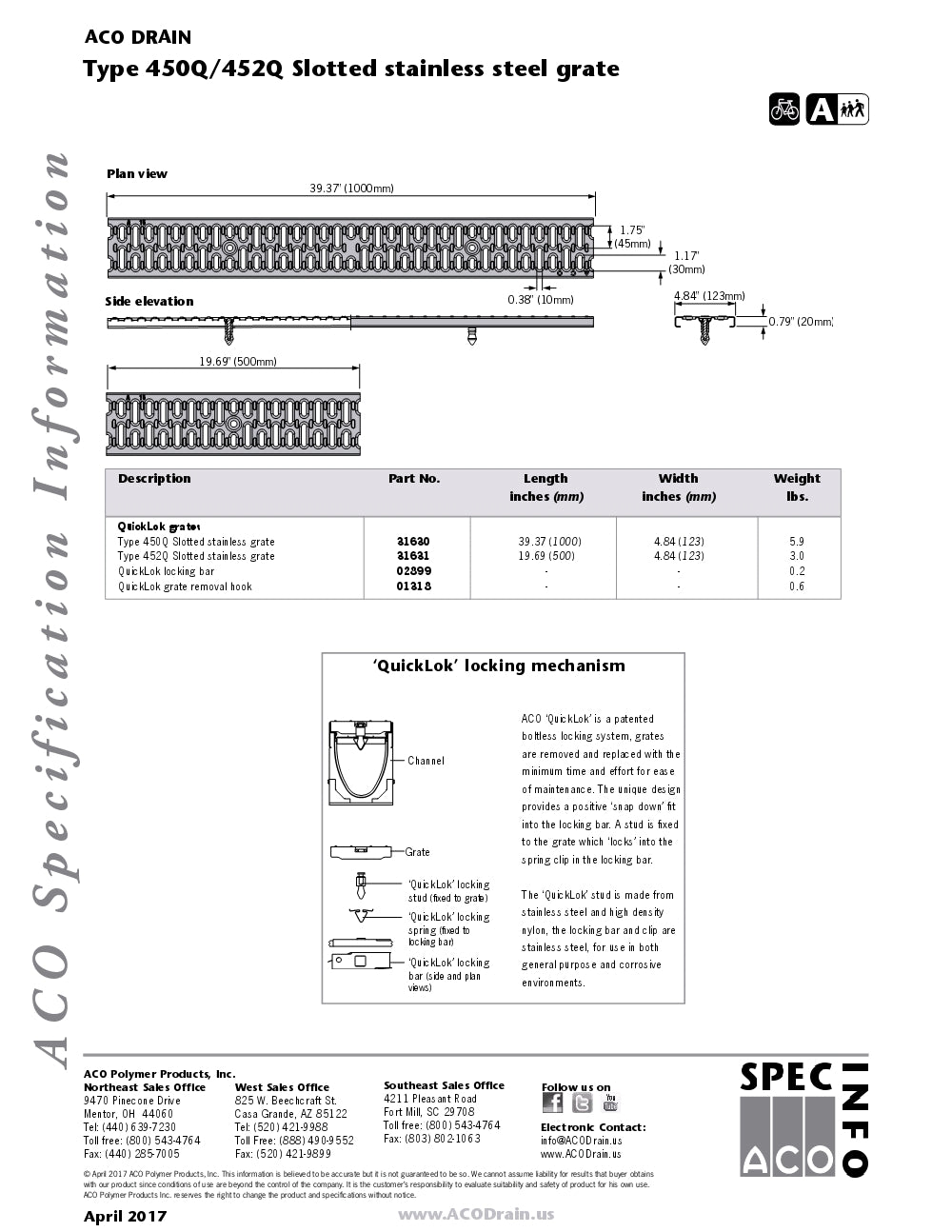 Trinchera - Rejilla Prefabricada de 4" Modelo Acero Inoxidable Ranurado, Marca Aco México, Quima, 450q-452q, Distribuidor autorizado, Proveedor autorizado, Hoja tecnica, Ficha tecnica, Hoja seguridad 