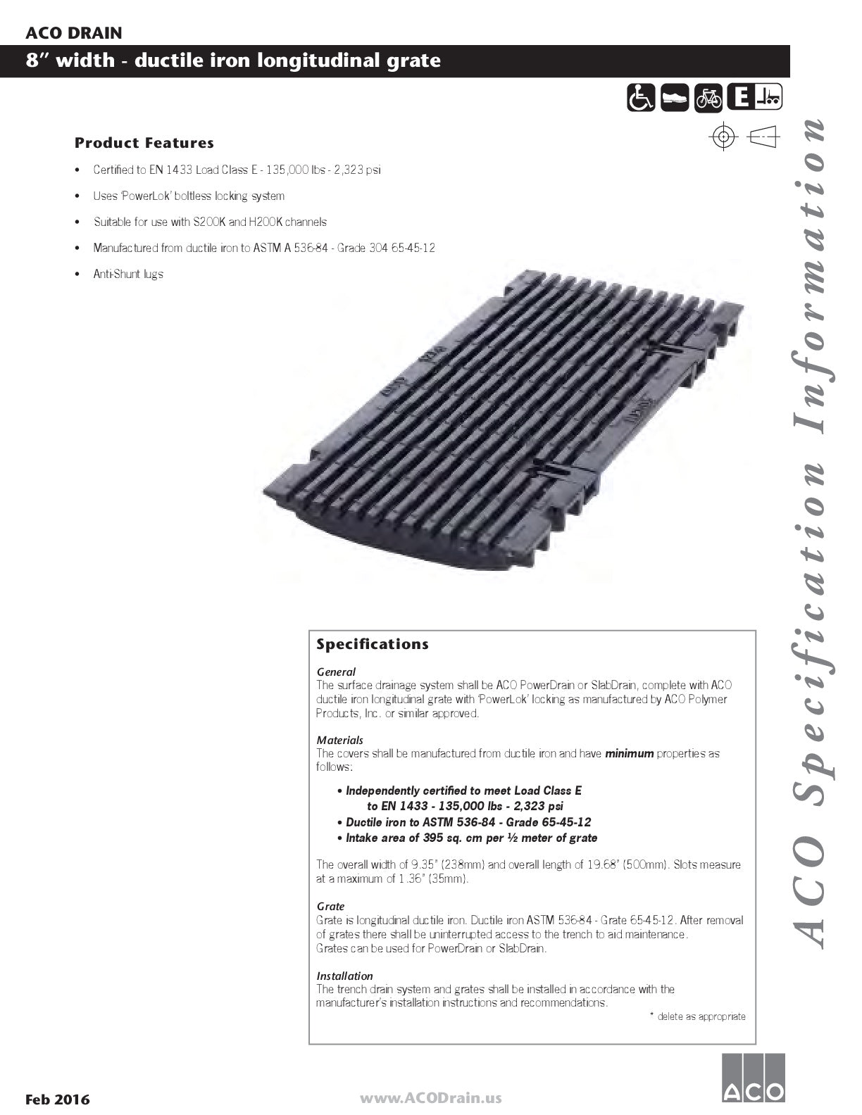 Trinchera - Rejilla Prefabricada de 8" Modelo Hierro Dúctil Longitudinal Powerlok, Marca Aco México, Quima, S200K, Distribuidor autorizado, Proveedor autorizado, Hoja tecnica, Ficha tecnica, Hoja seguridad 
