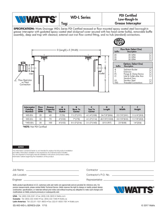 Trampa de Grasa Series WD-L, Marca Watts Mexico, Distribuidor autorizado, Proveedor autorizado,